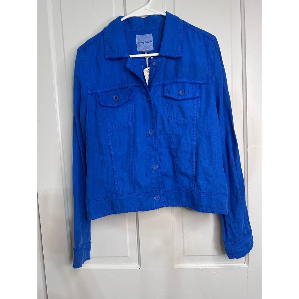 Tommy Bahama Two Palms Linen Jacket Royal Blue Raw Edge Button Front Small NWT